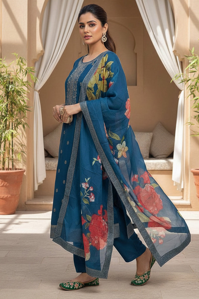 blue silk blend ethnic motifs stoning straight kurta trouser with dupatta