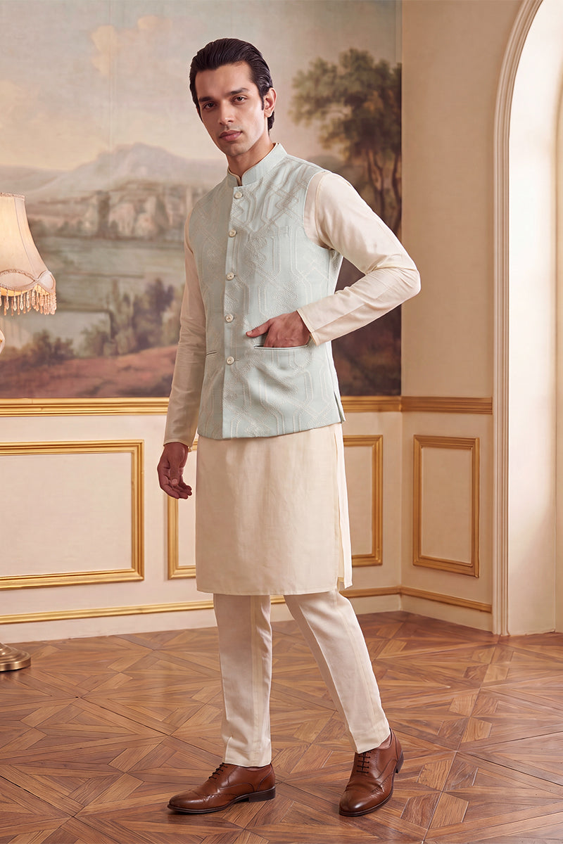 Mens Blue Jacquard Woven Design Solid Koti