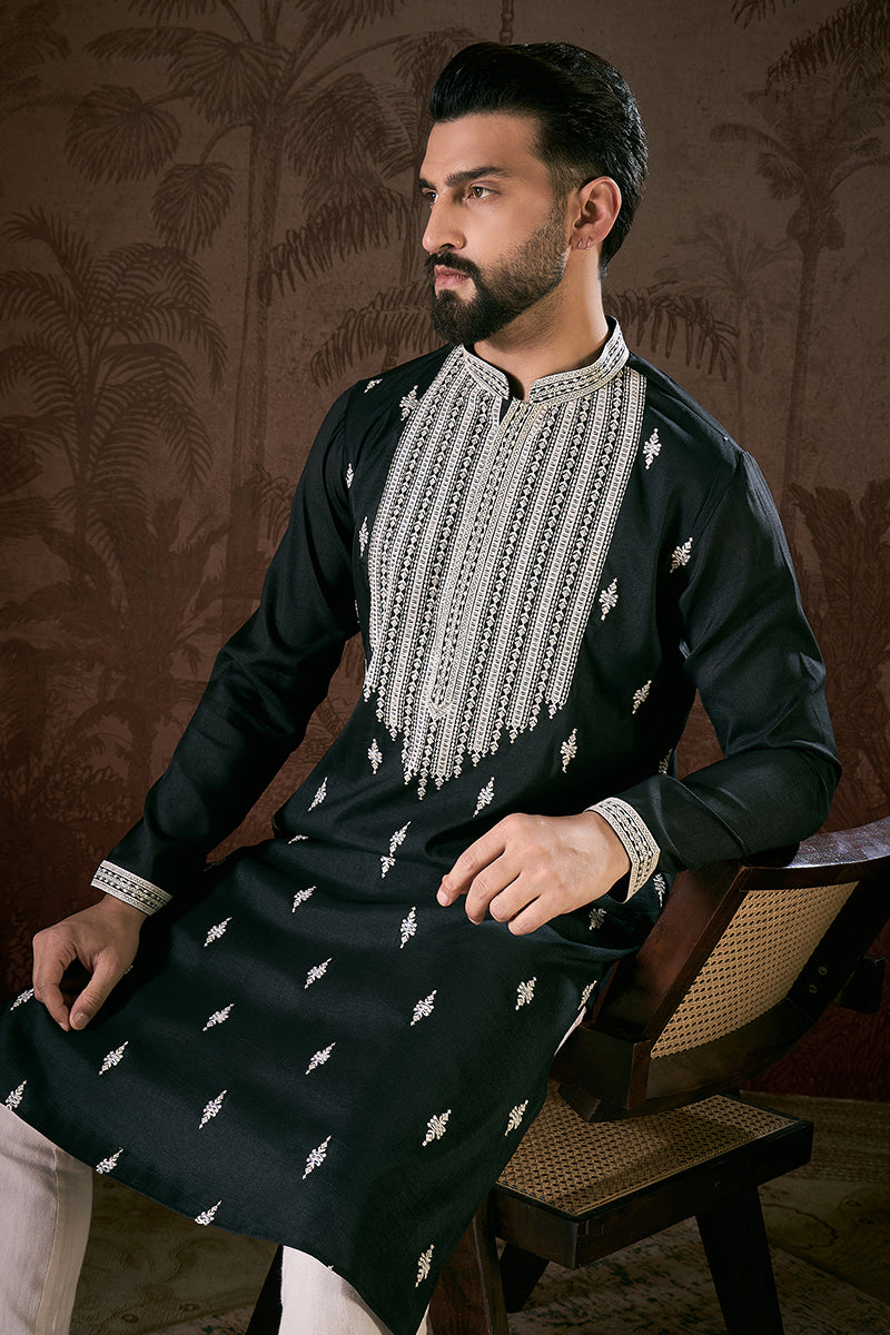 Black Silk Blend Solid Embroidered Straight Kurta