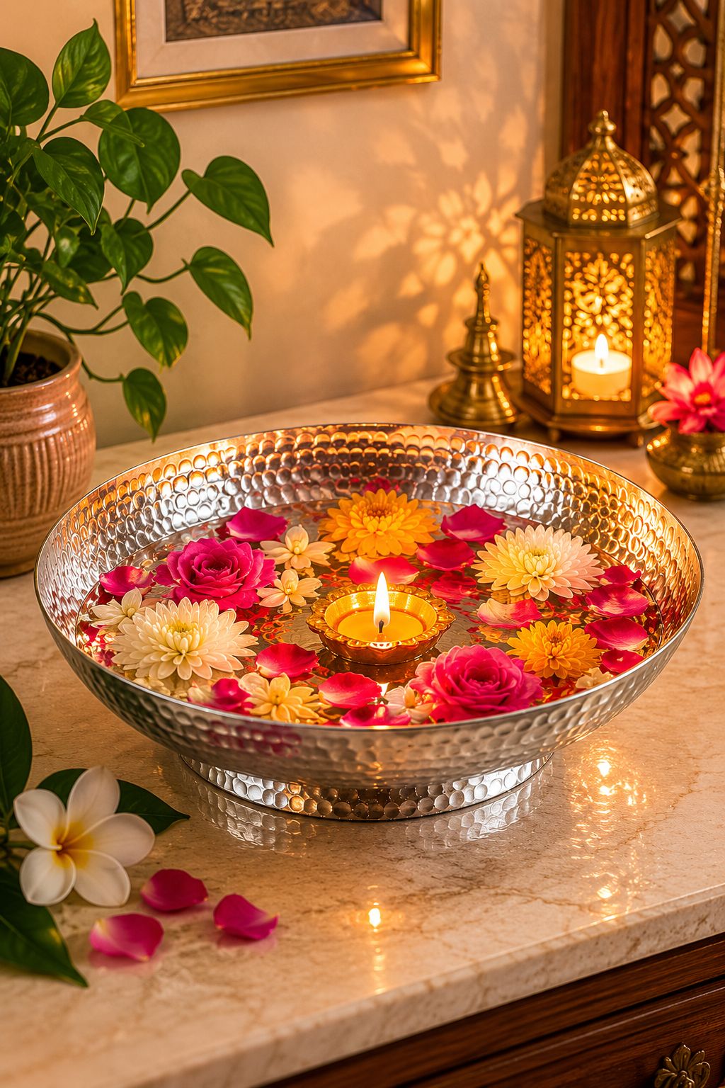 premium hammered silver urli bowl decorative metal floating flower bowl for water candles tea lights diyas handcrafted festival pooja wedding home decor centerpiece