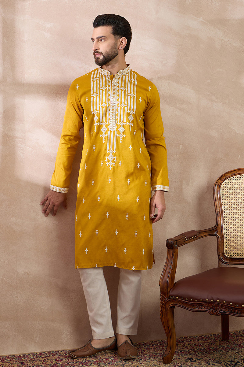 Yellow Silk Blend Embroidered Mandarin Collar Straight Kurta With Trouser