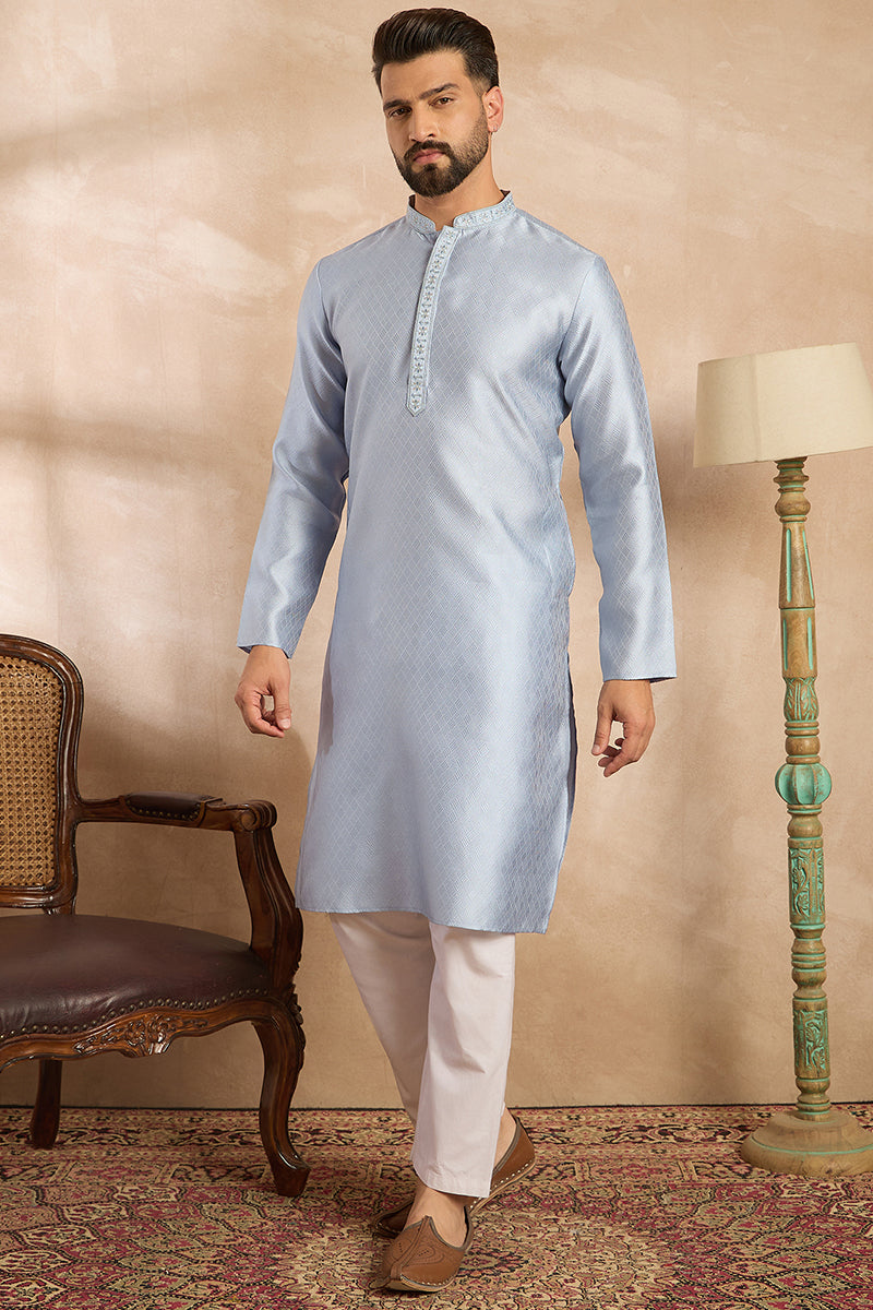 Blue Polyester Solid Embroidered Straight Kurta