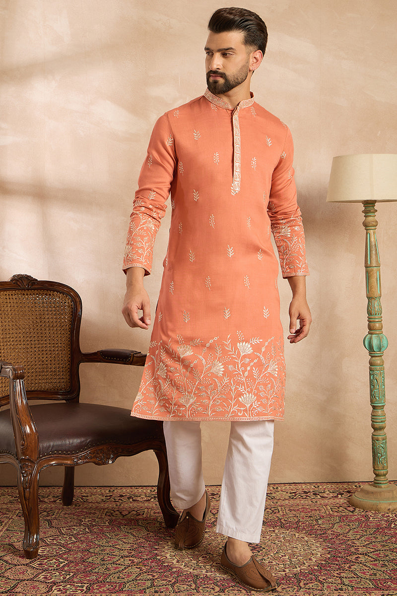 Peach Vartican Solid Embroidered Straight Kurta With Trouser