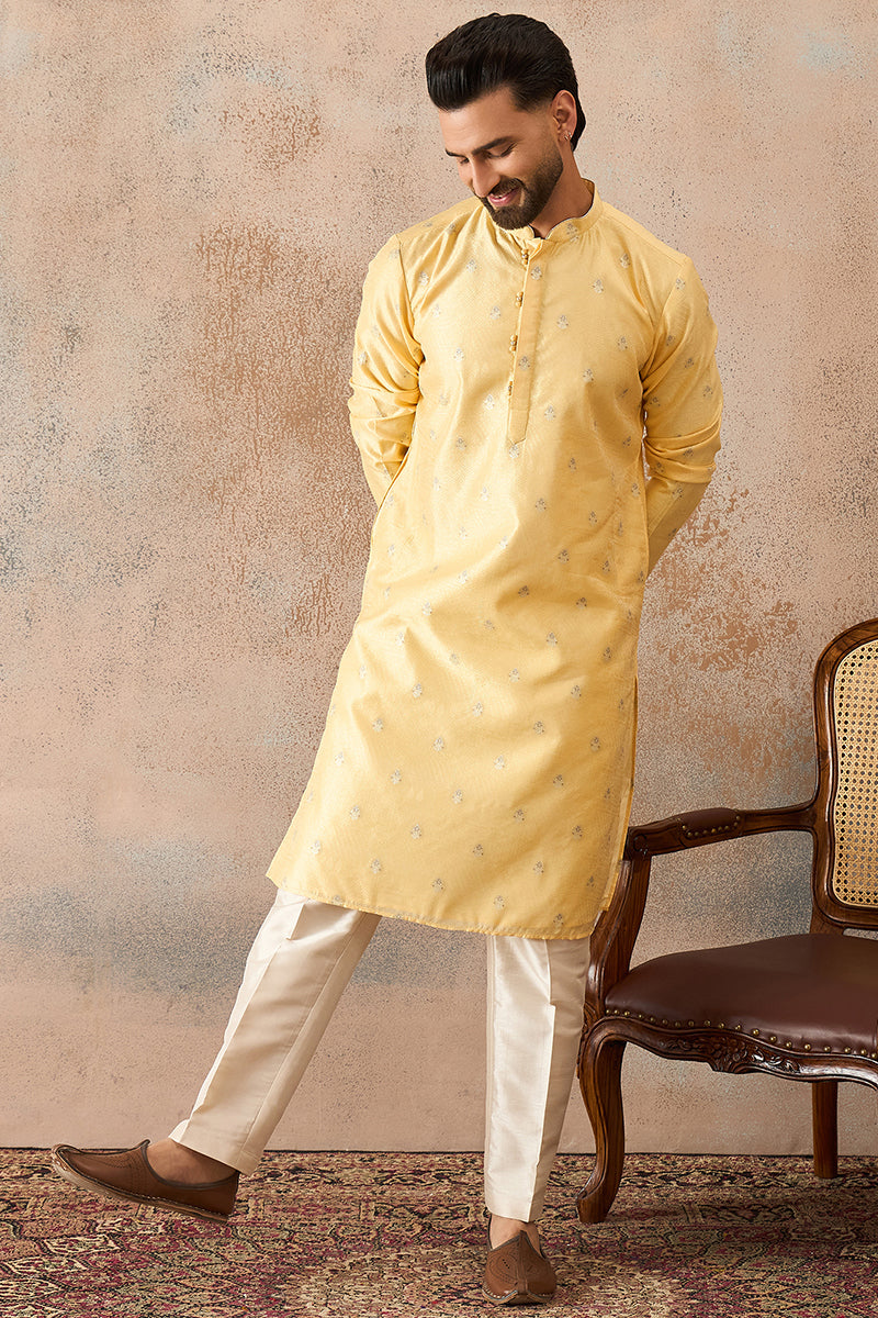 Mens Yellow Silk Blend Floral Straight Kurta