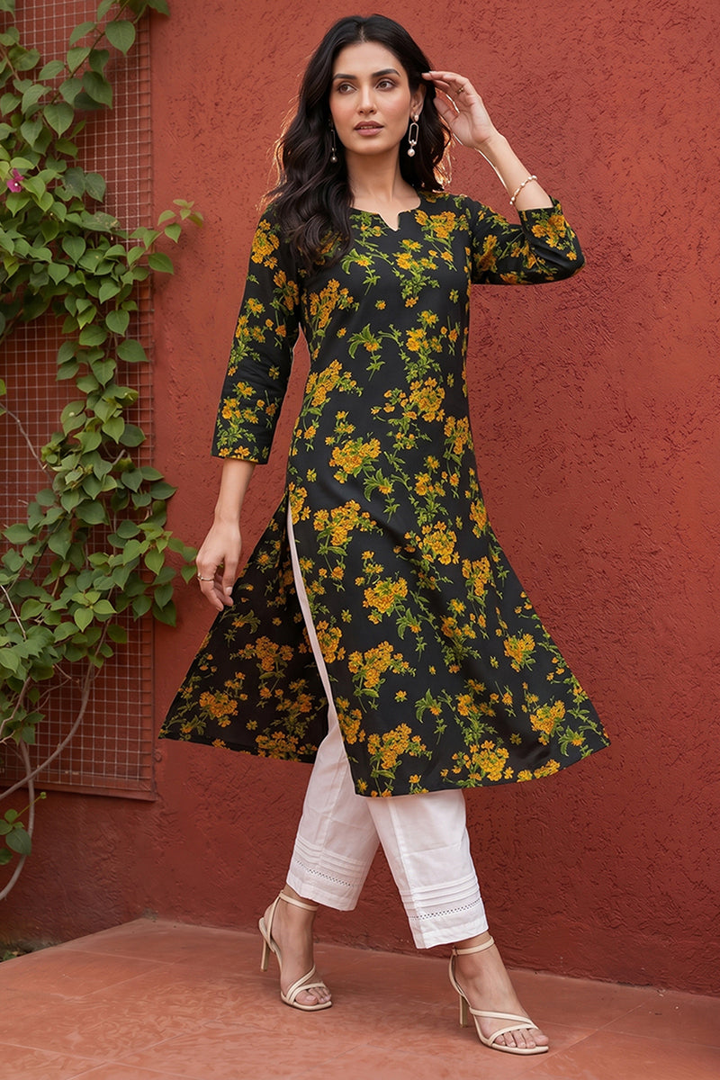 rayon black floral digital printed regular kurta vck9822