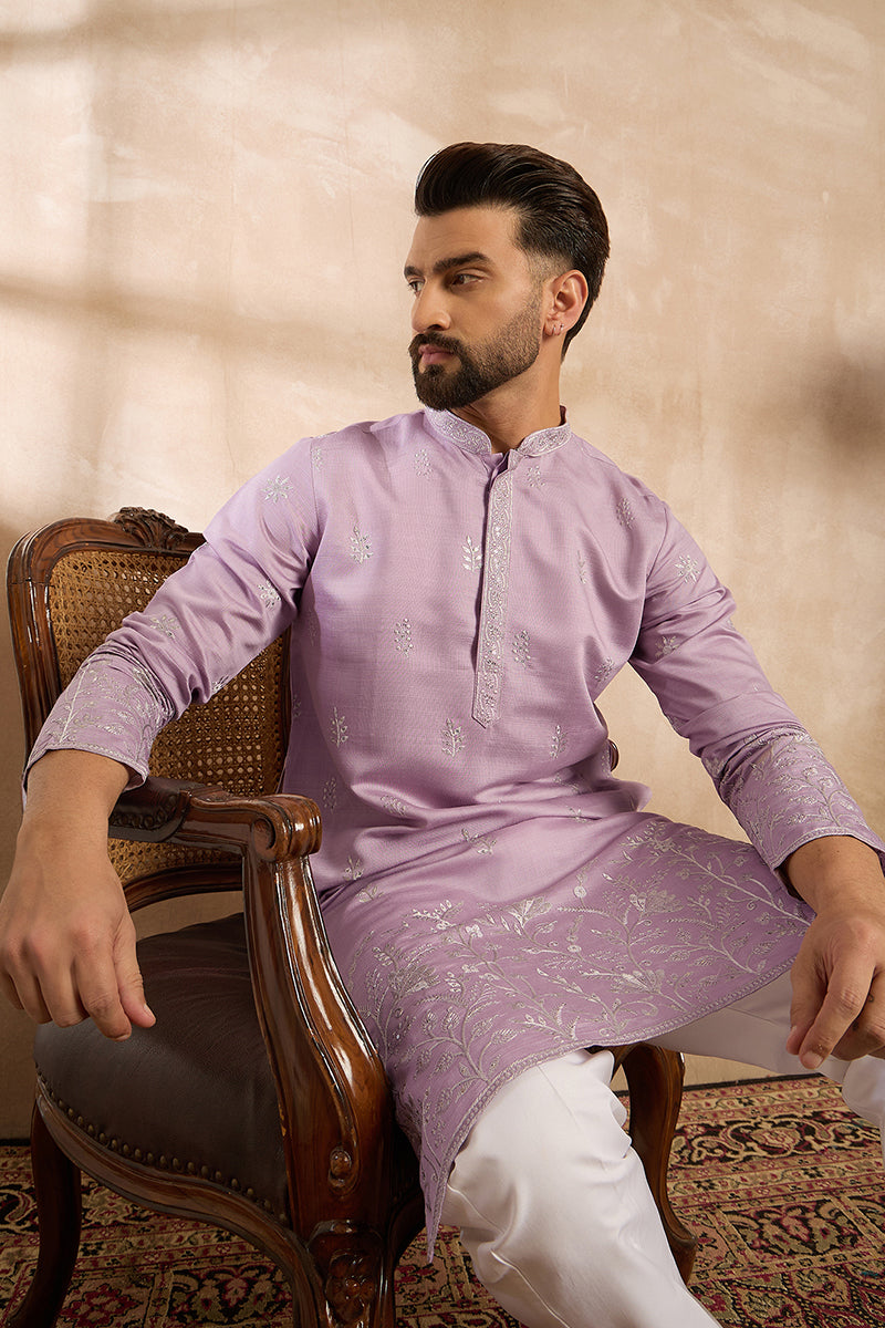 Lavender Silk Blend Floral Embroidered Straight Kurta With Trouser