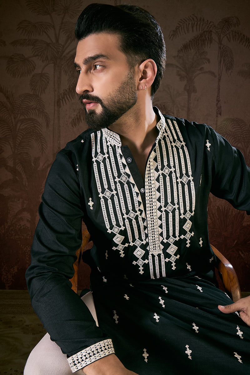 Black Silk Blend Solid Embroidered Straight Kurta MKU1885