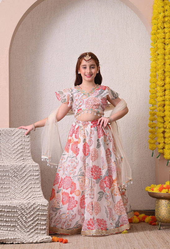 Indi Loom Couture Girls Off White Floral Printed Lehenga Choli with Dupatta ILLCD32