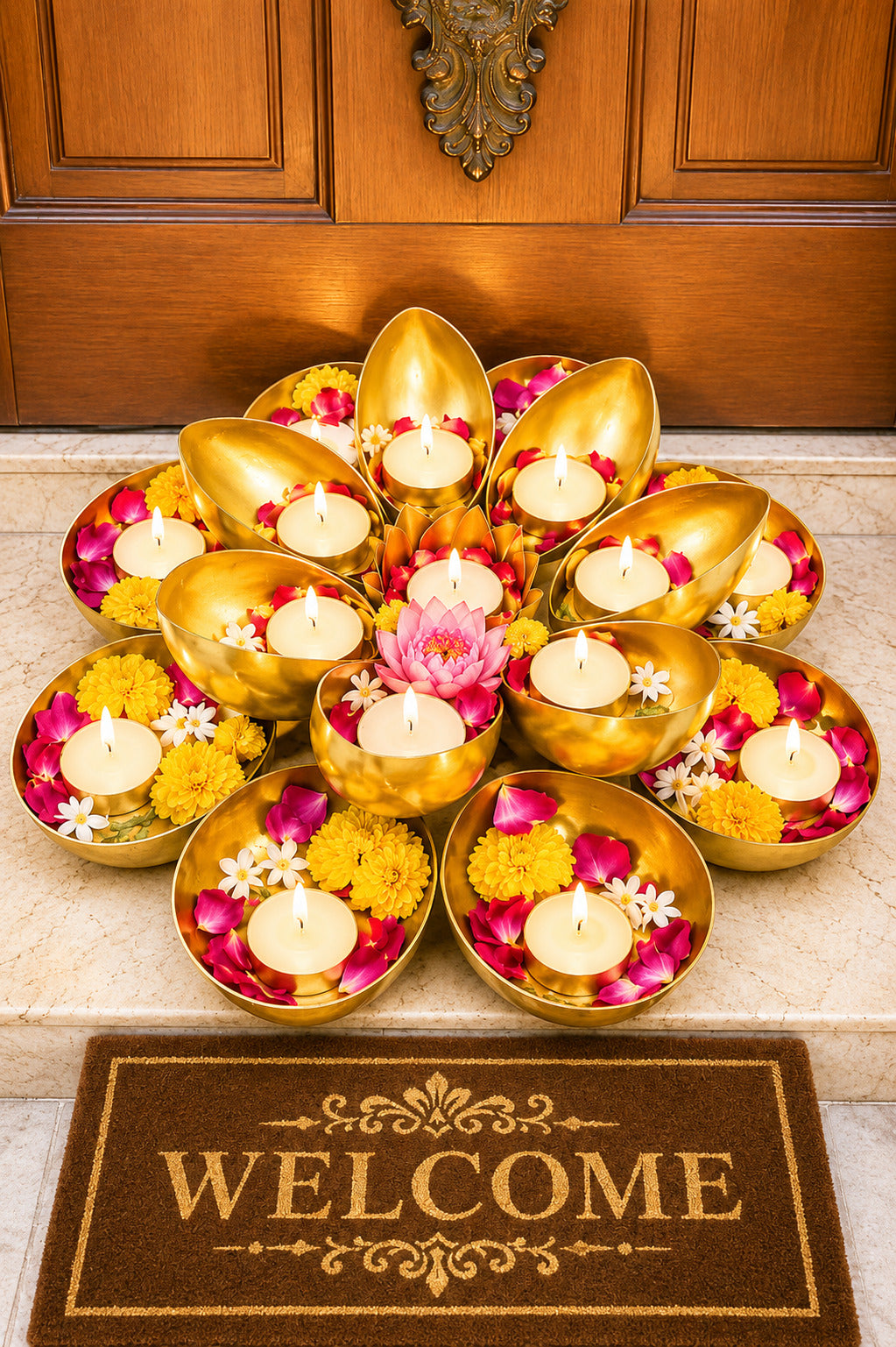 golden metal urli cum tealight holder set decorative diya flower urli for festive home decor