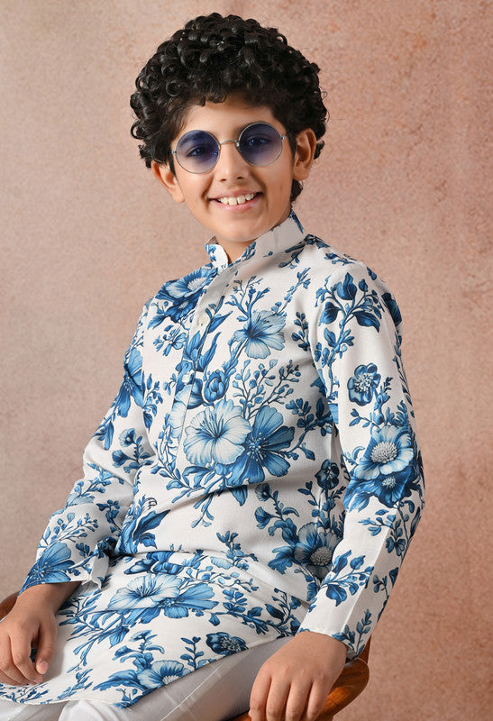 Indi Loom Couture Boys White & Blue Floral Printed Kurta with White Pant Set ILBKS58