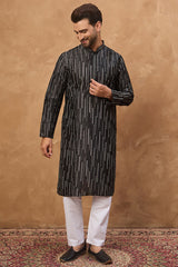 black silk blend geometric printed straight kurta