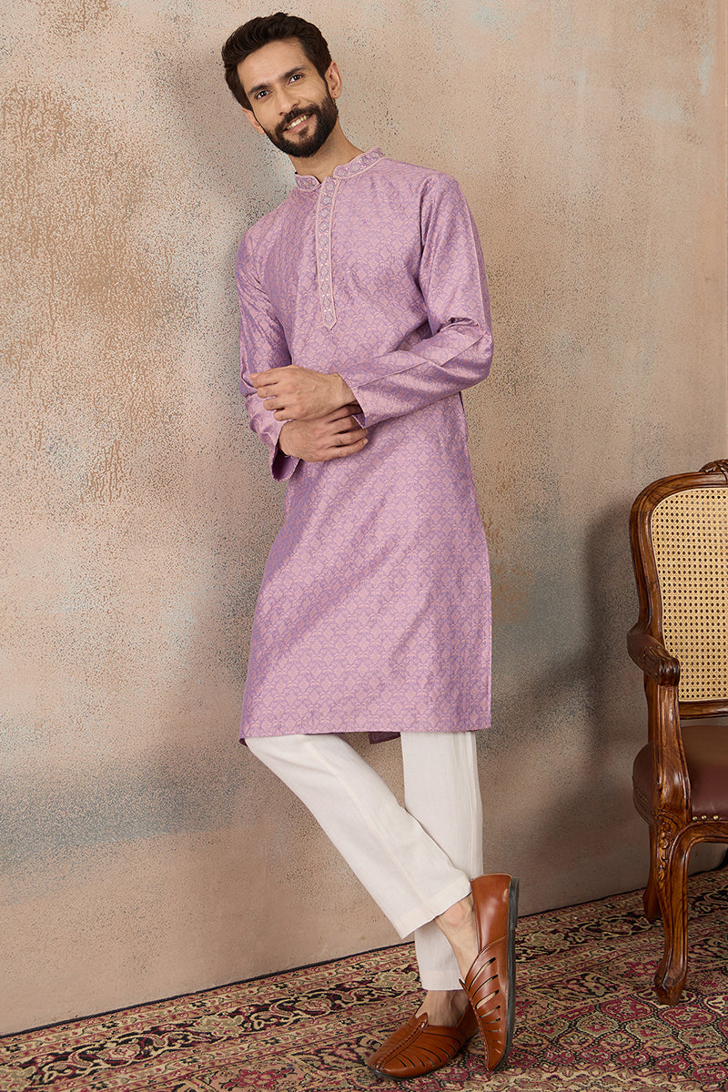 Mens Lavender Jacquard Solid Embroidered Kurta