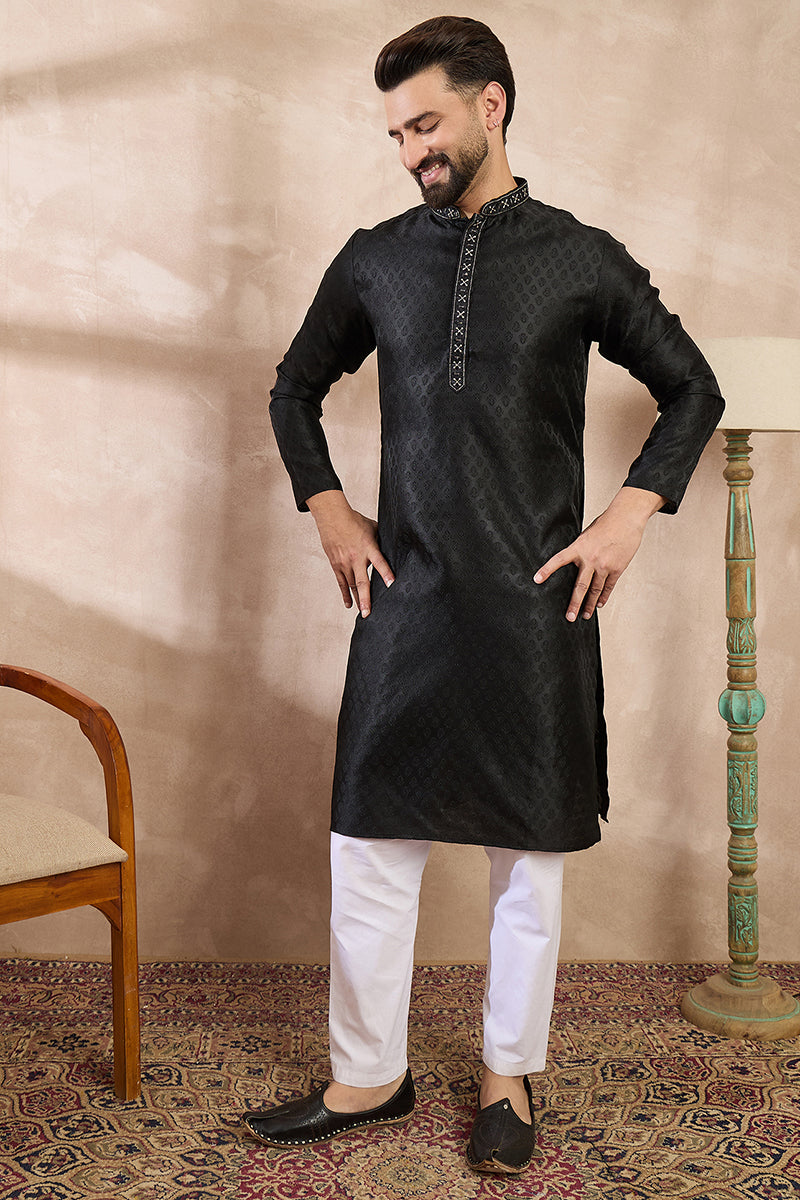 Black Silk Blend Solid Woven Design Straight Kurta With Trouser