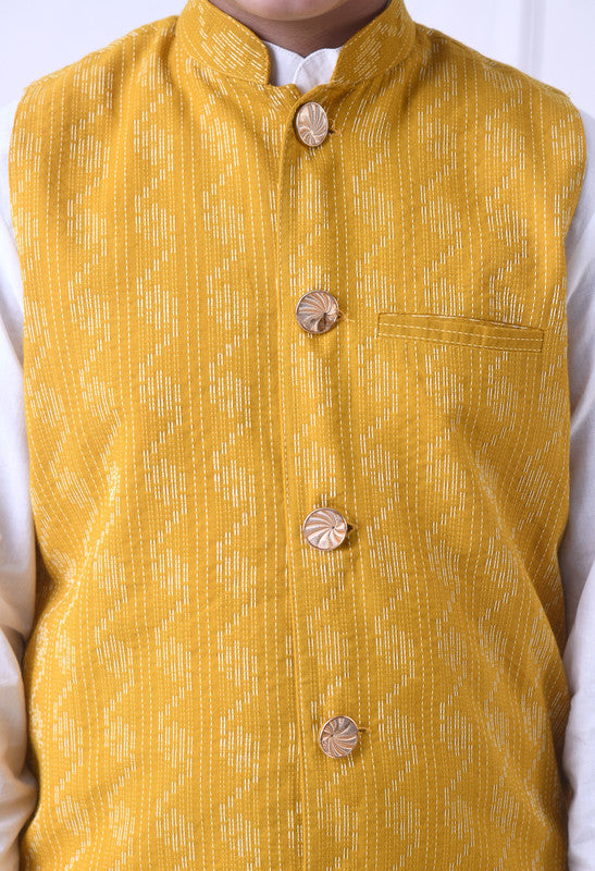 Indi Loom Couture Boys White Kurta & Pyjama with Mustard Yellow Dobby Nehru Jacket Set ILBKSJ15