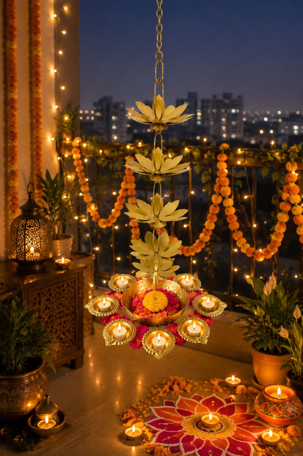 premium hanging lotus urli with 9 diya holders decorative metal hanging urli for floating flowers candles water decor traditional hanging diya urli for diwali pooja wedding home decoration