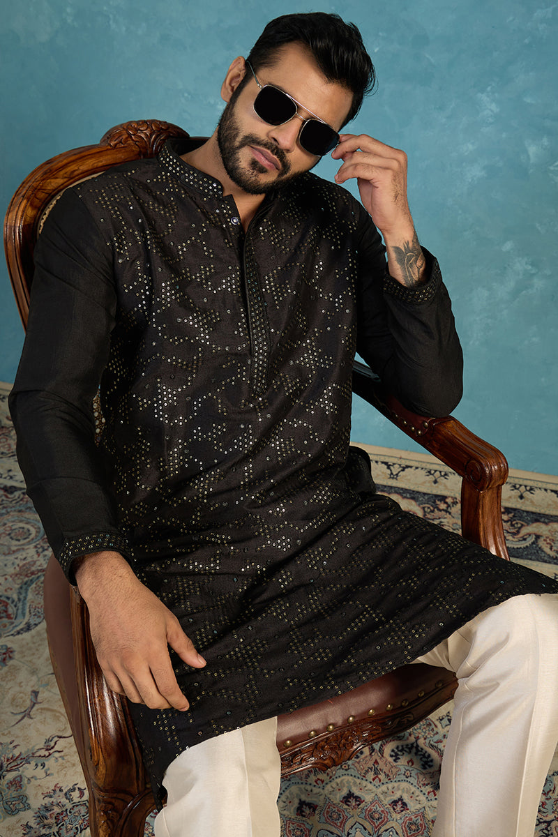 Silk Blend Black Solid Embroidered Calf Length Straight Kurta MKU2128