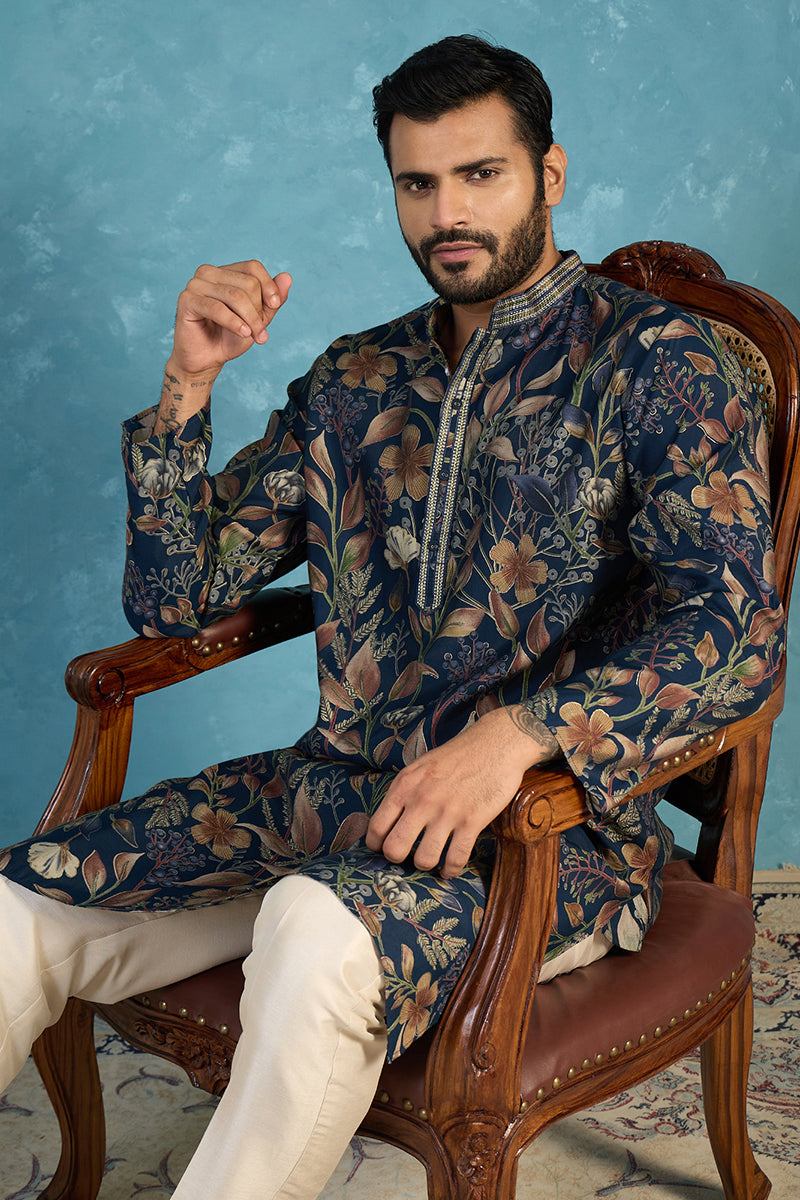 Mens Blue Modal Floral Printed Calf Length Straight Regular Kurta With Trouser