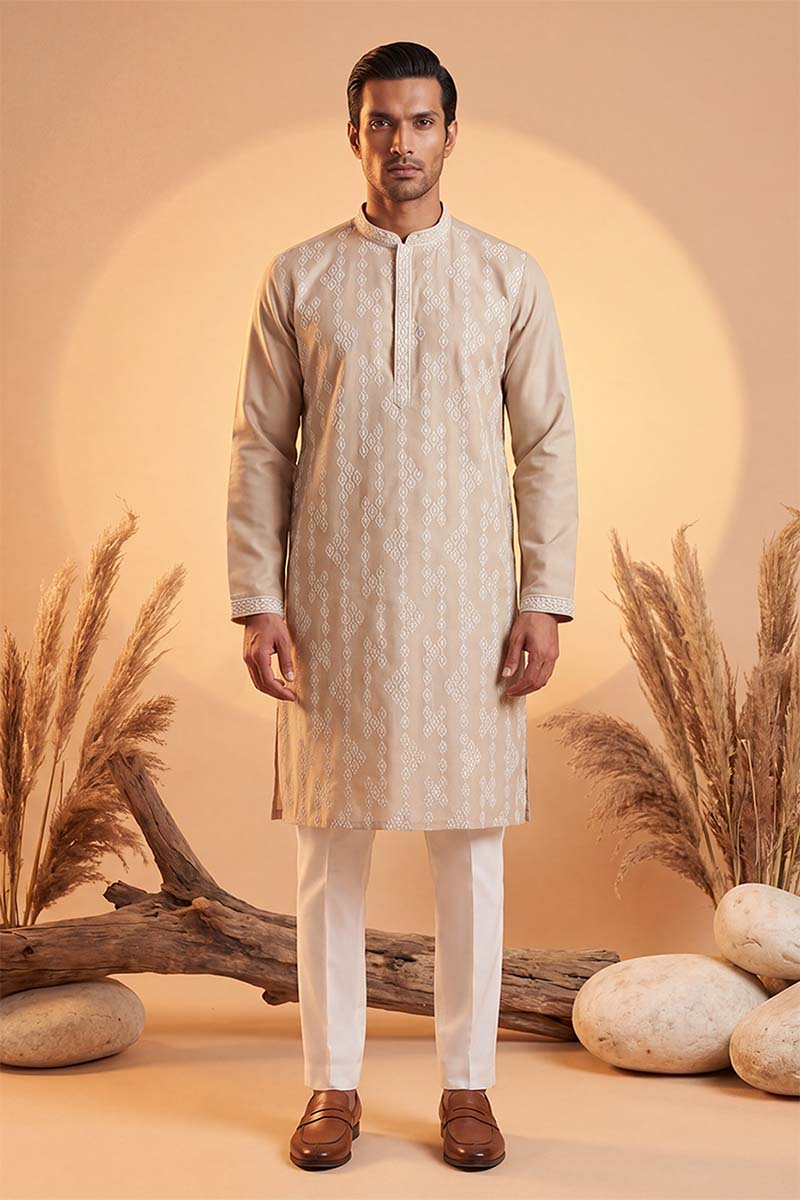 Mens Beige Silk Blend Solid Embroidered Kurta With Trousers