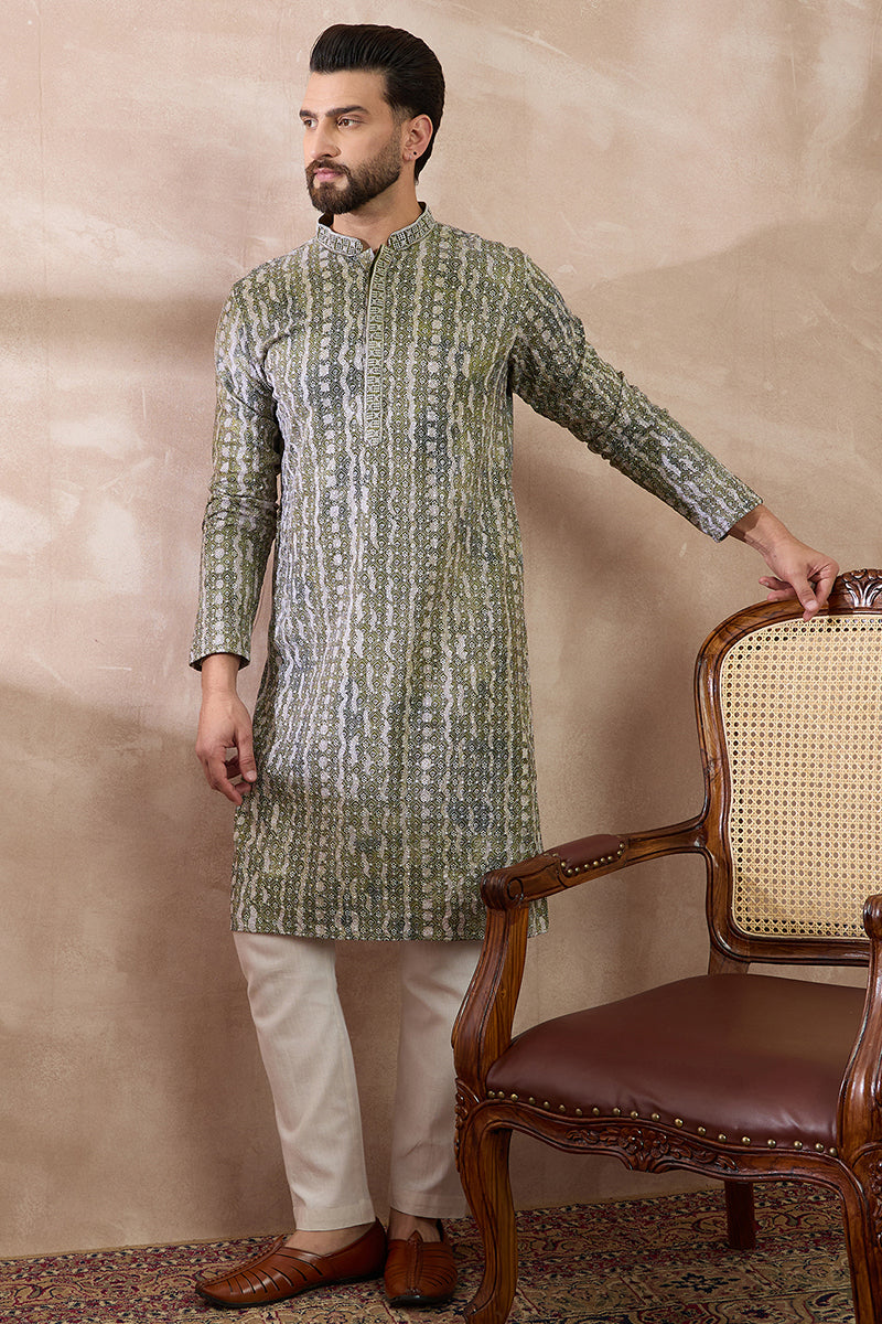 Green Silk Blend Printed Mandarin Collar Straight Kurta With Trouser