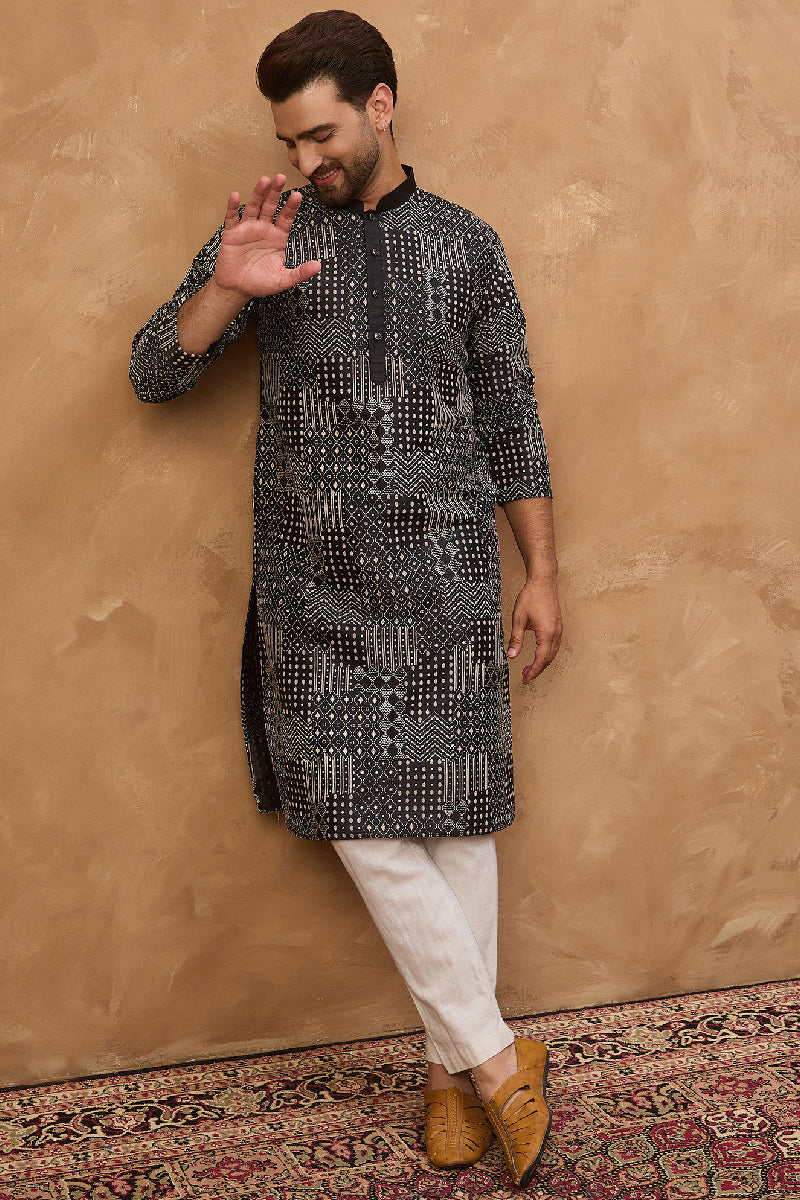 black silk blend geometric printed straight kurta