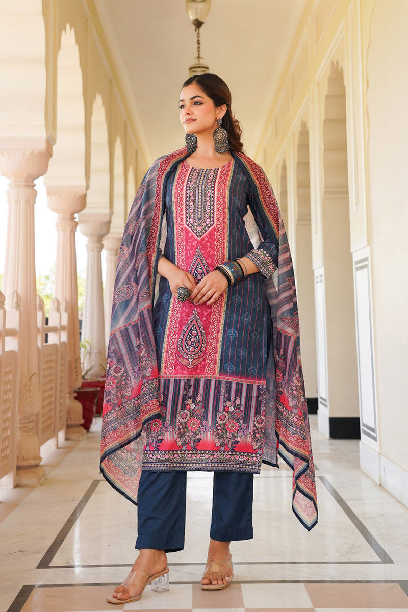 blue rayon blend ethnic motifs printed straight kurta trouser with dupatta 
