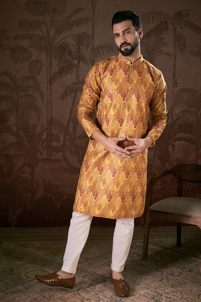 Mustard Silk Blend Ethnic Motifs Printed Straight Kurta