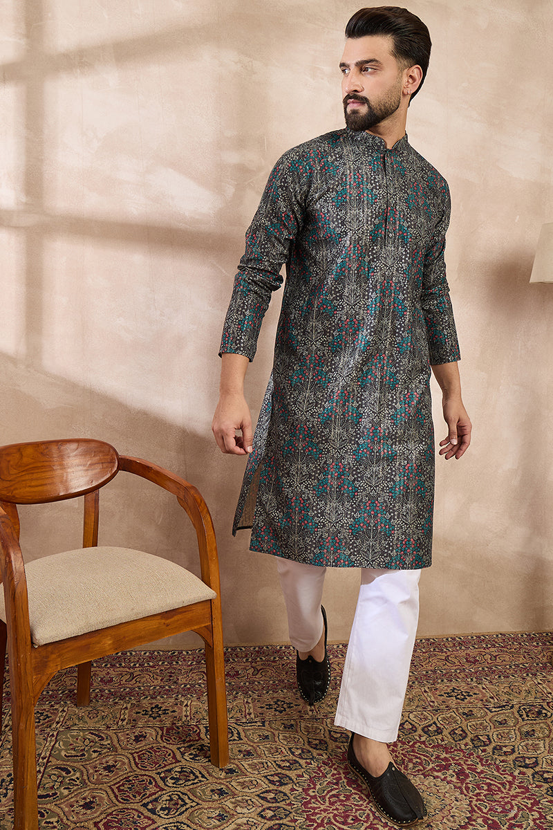 Black Silk Blend Floral Printed Straight Kurta