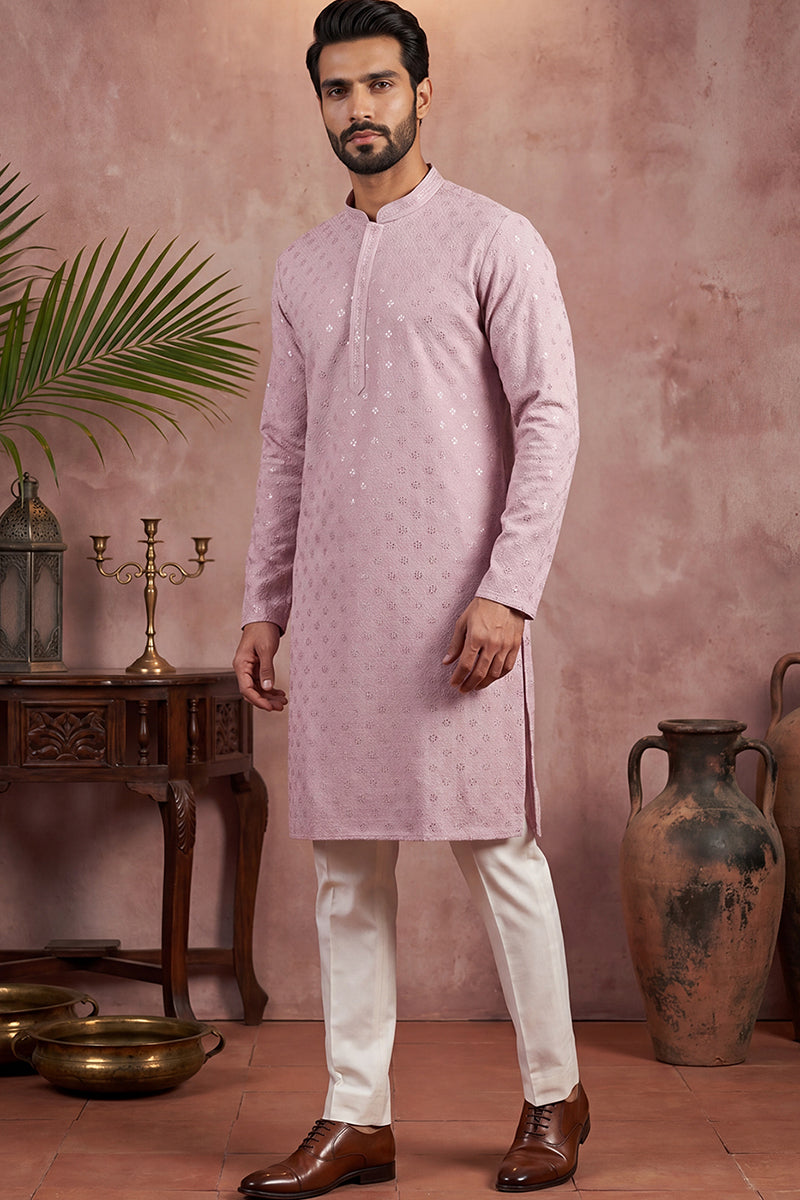Purple Viscose Rayon Solid Embroidered Straight Kurta with Trouser