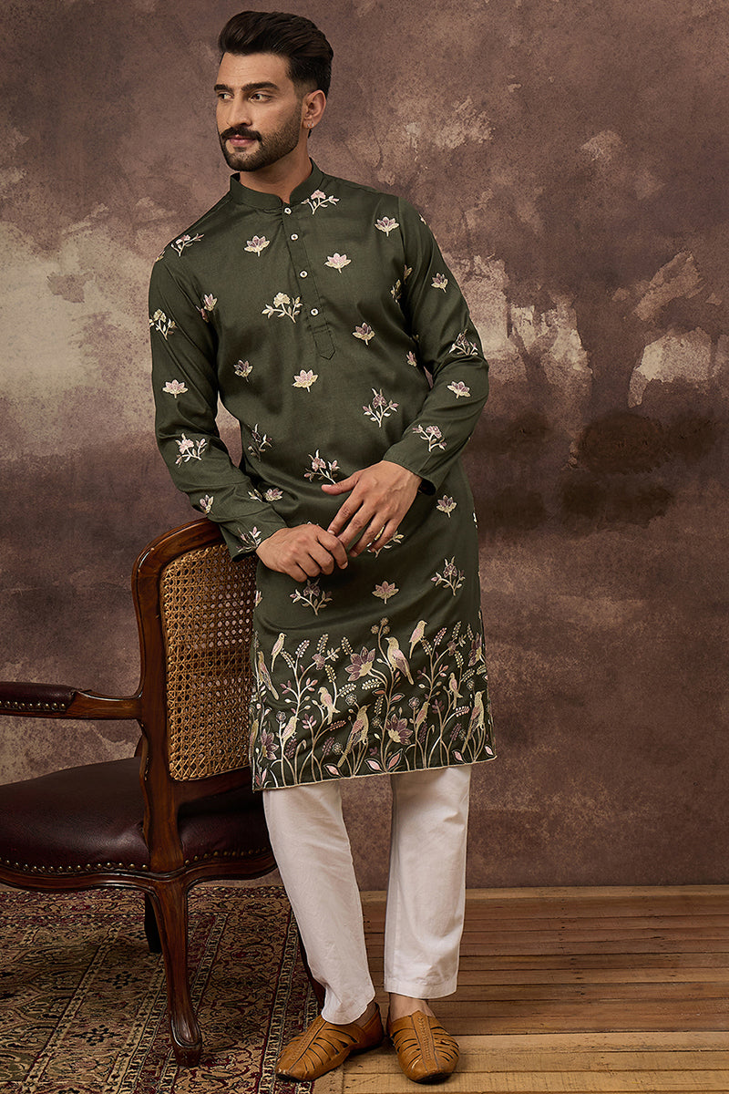 green silk blend solid embroidered straight kurta