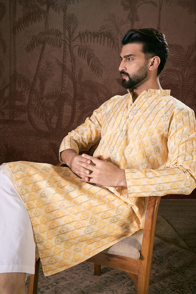 White Silk Blend Ethnic Motifs Printed Straight Kurta With Trouser
