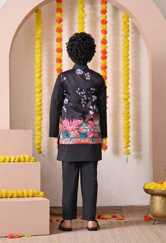 Indi Loom Couture Boys Black Kurta Pyjama with Printed Jacket Set ILBKSJ24