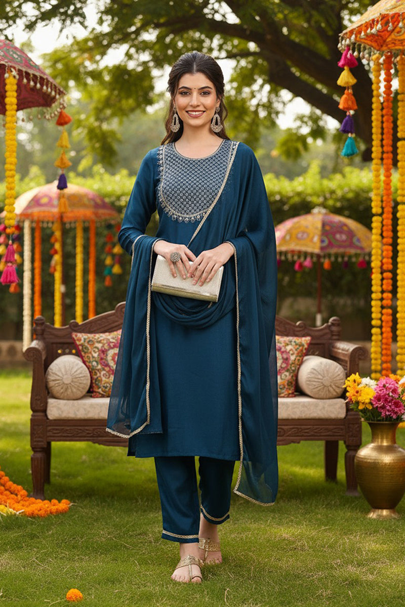 silk blend teal embroidered straight kurta pant with dupatta 