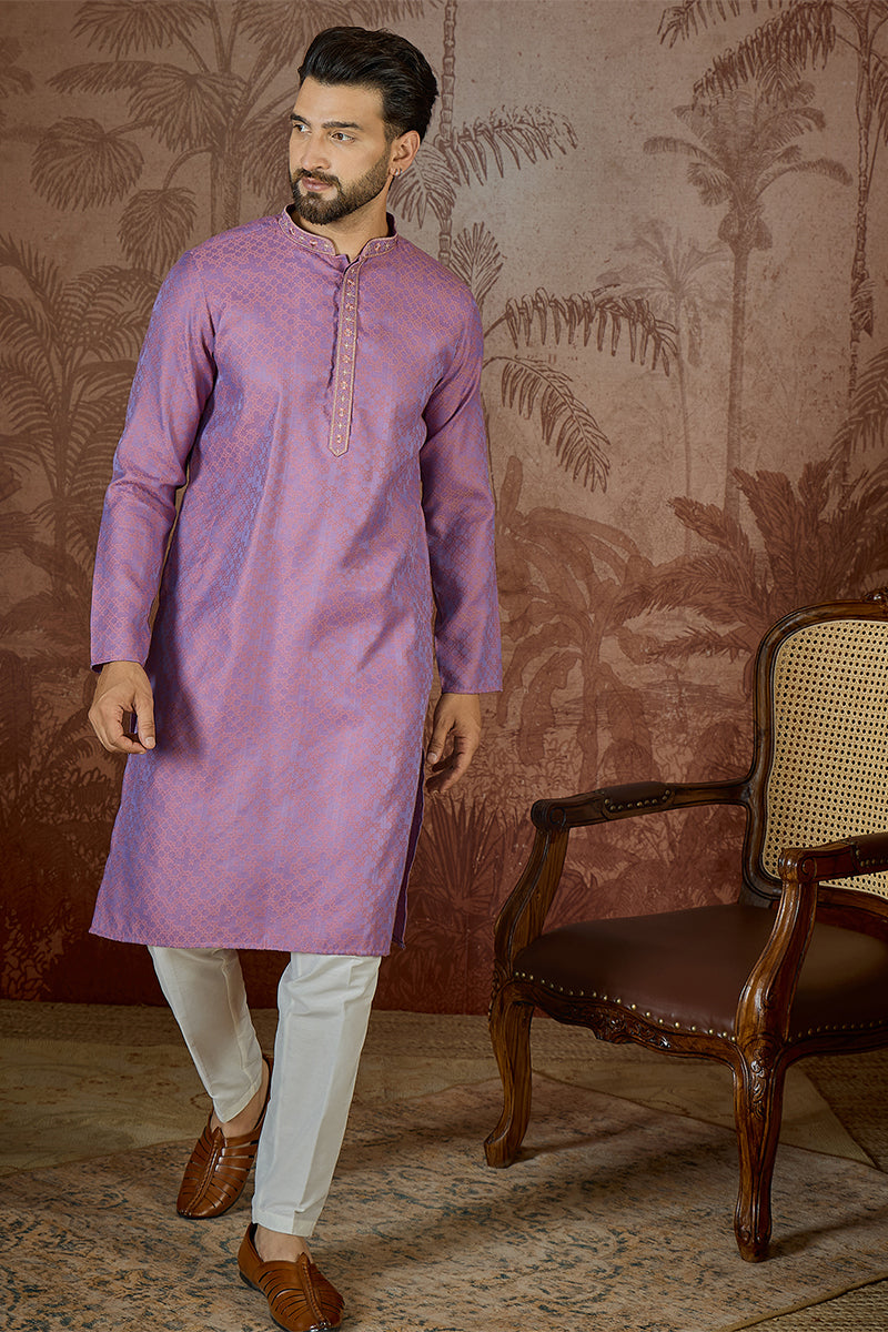 Mens Purple Jacquard Geometric Embroidered Kurta