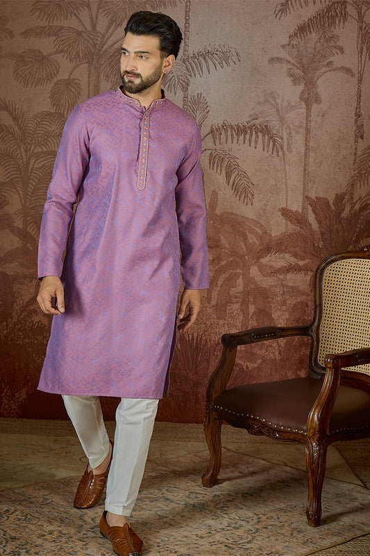 Mens Purple Jacquard Geometric Embroidered Kurta