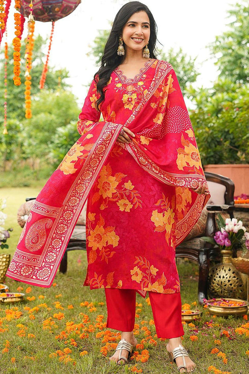 red viscose rayon floral embroidered straight kurta trousers with dupatta 