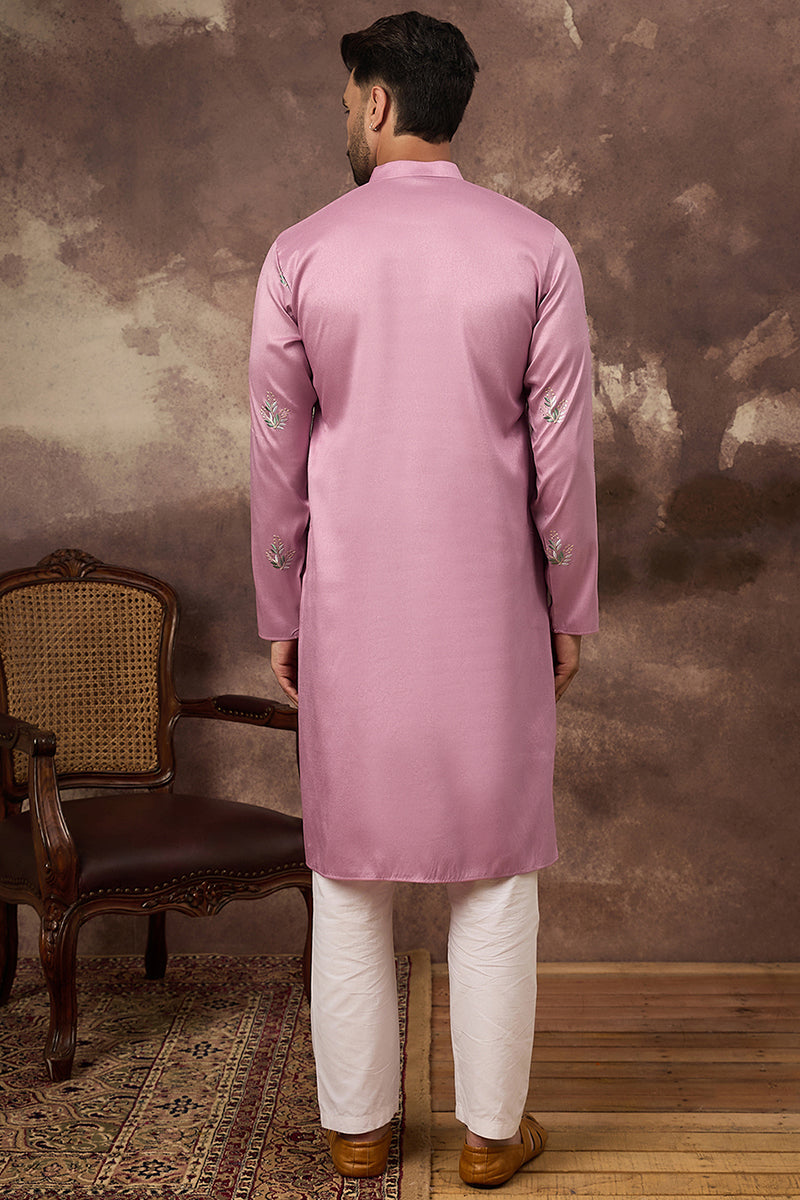pink silk blend solid embroidered straight kurta with trouser