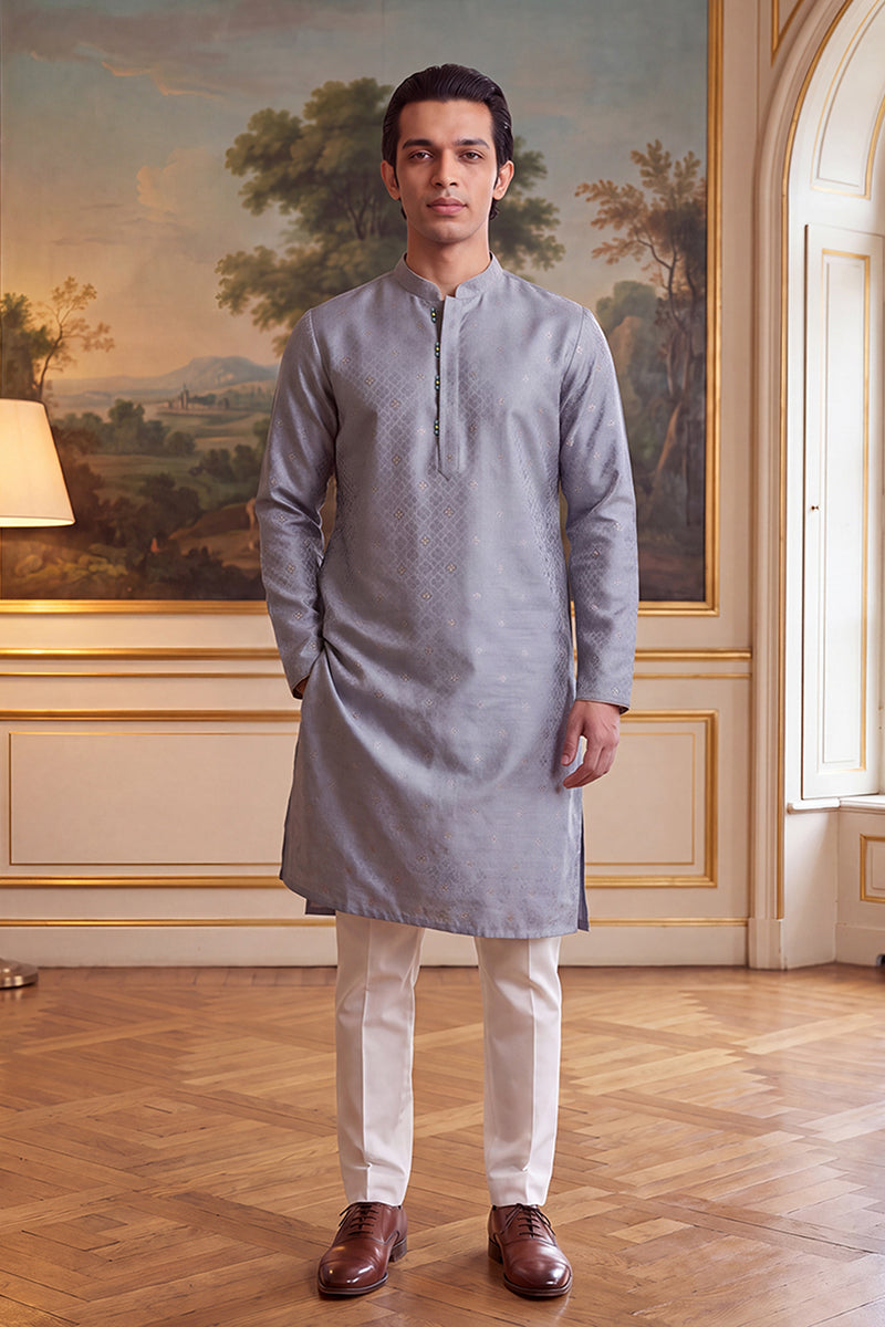 Mens Grey Jacquard Ethnic Motifs Woven Design Kurta With Trouser