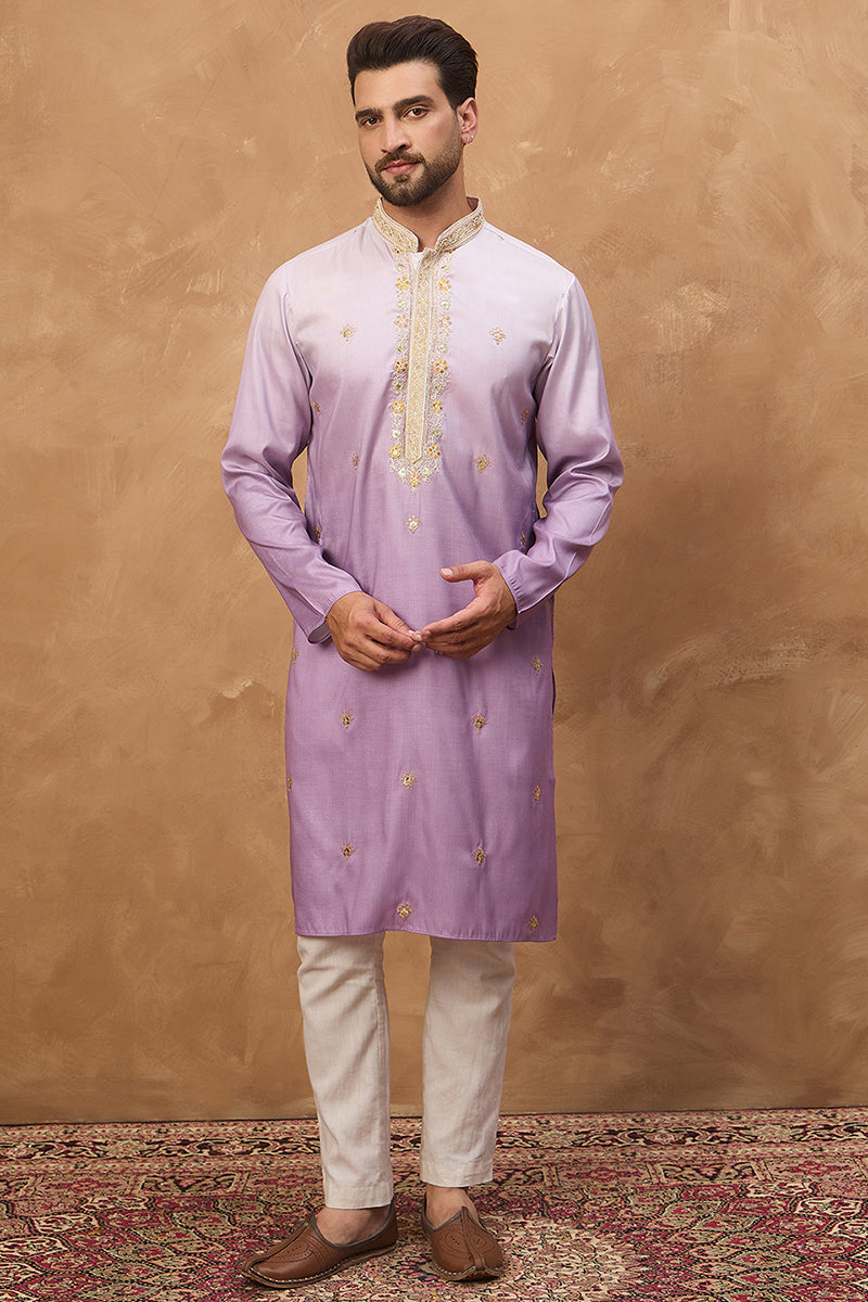 Purple Silk Blend Solid Embroidered Straight Kurta