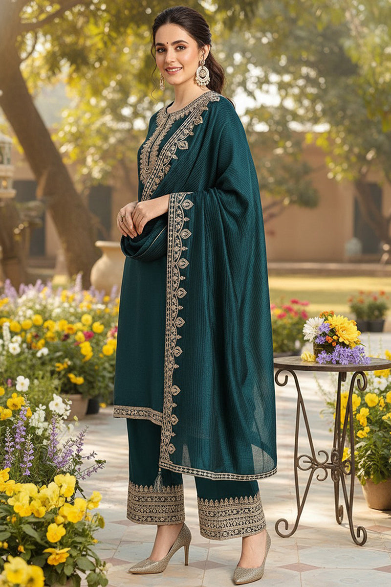 green silk blend solid embroidered straight suit set pkskd2261