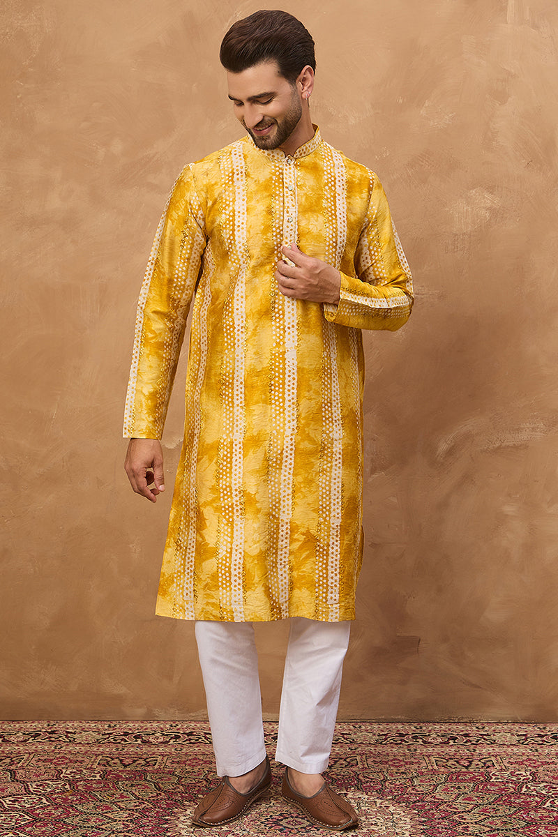 yellow silk blend shibori embroidered straight kurta