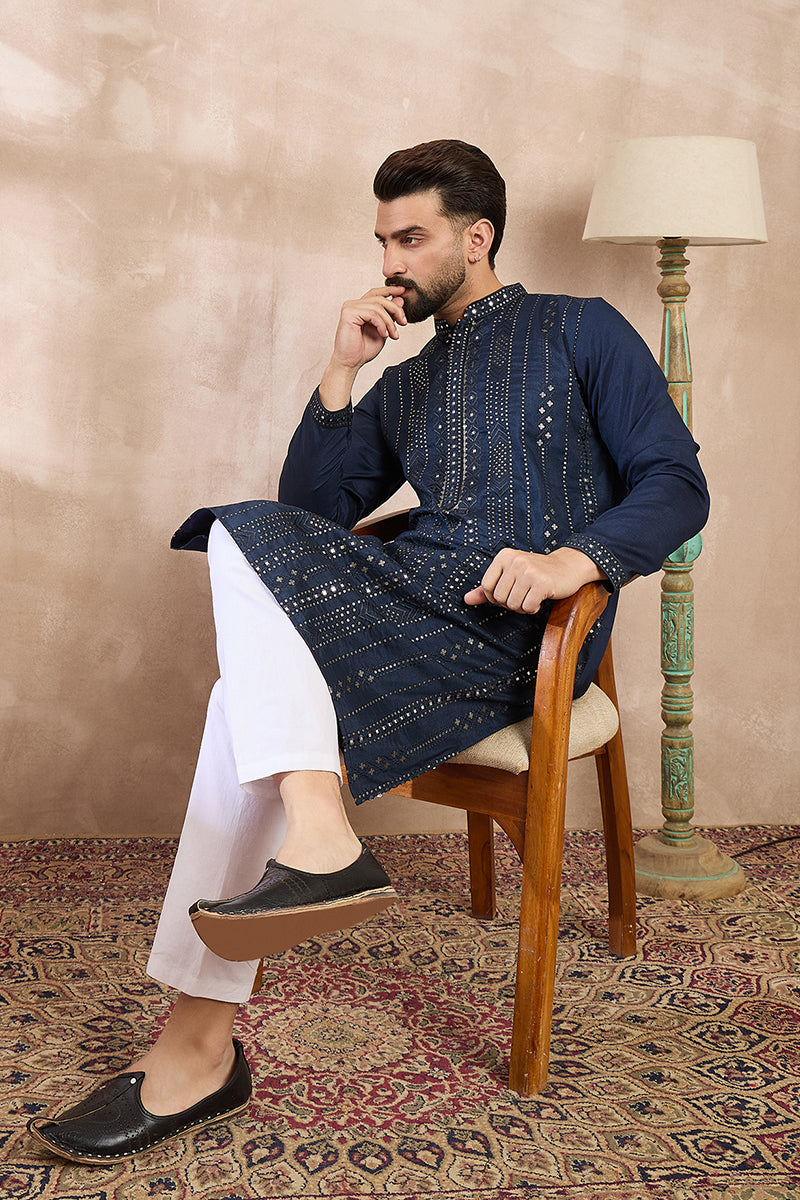 Blue Silk Blend Geometric Embroidered Straight Kurta