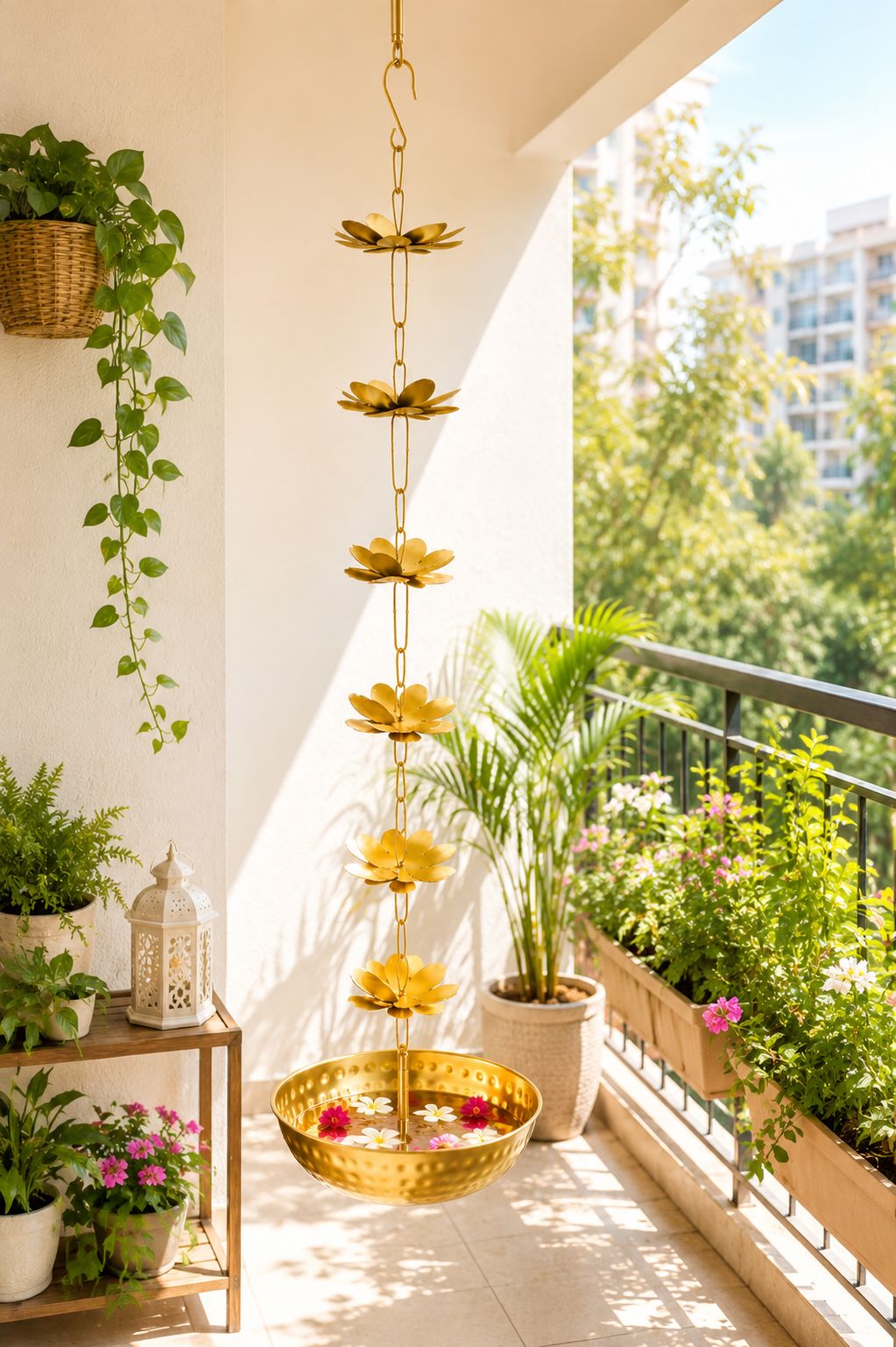 premium hanging lotus urli bowl with decorative flower chain handcrafted metal floating flower bowl for water candles tea lights hanging urli for diwali pooja wedding home decor