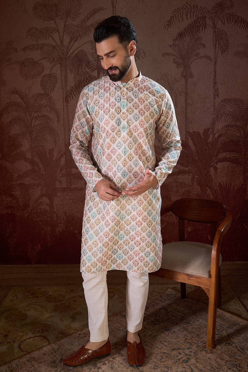 White Silk Blend Ethnic Motifs Printed Straight Kurta
