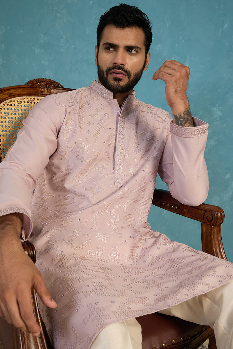 Men Lavender Silk Blend Embroidered Straight Kurta