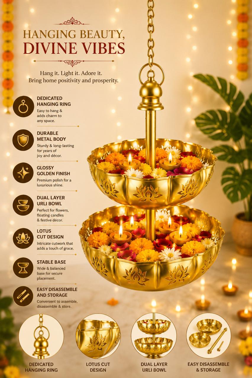 premium dual layer metal urli bowl 2 tier decorative floating flower urli for water candles tea lights traditional pooja urli for diwali wedding home festive decoration