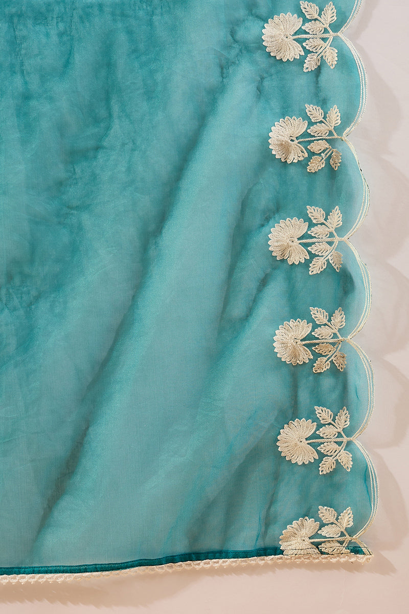 teal silk blend solid embroidered a line kurta trouser with dupatta 