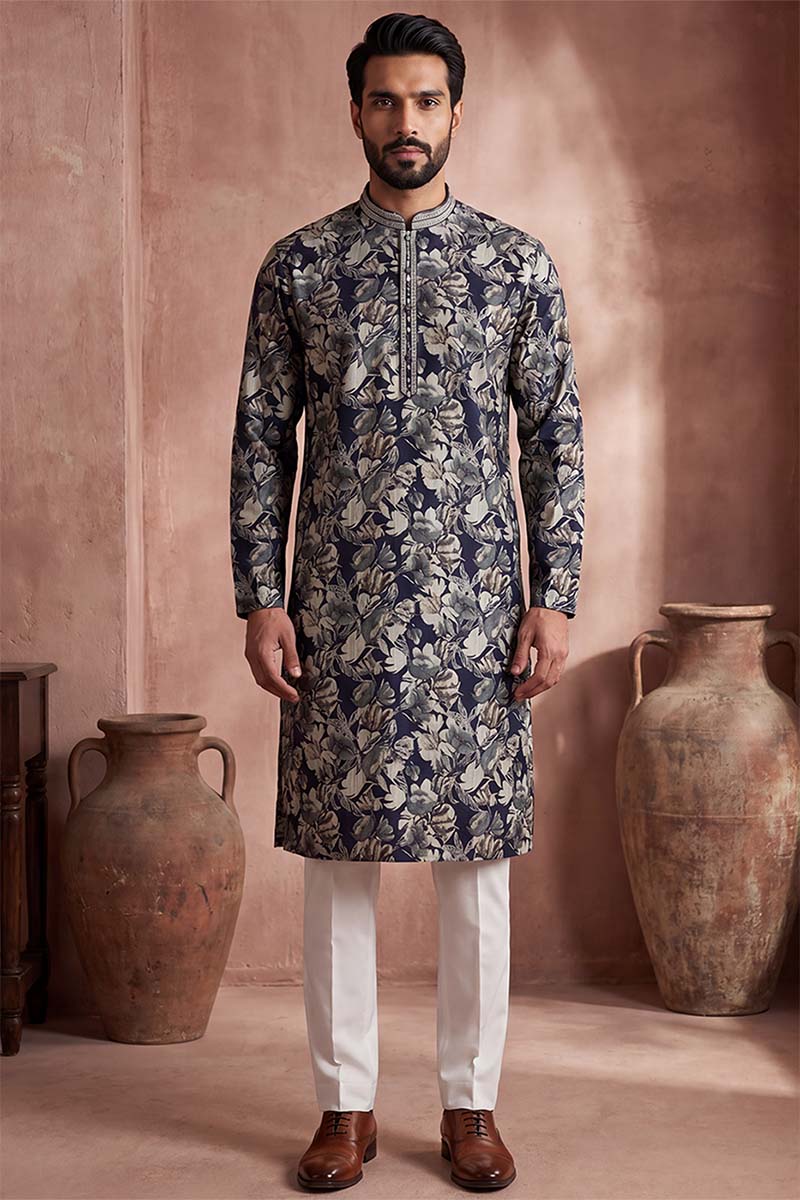 Mens Blue Viscose Rayon Floral Printed Kurta