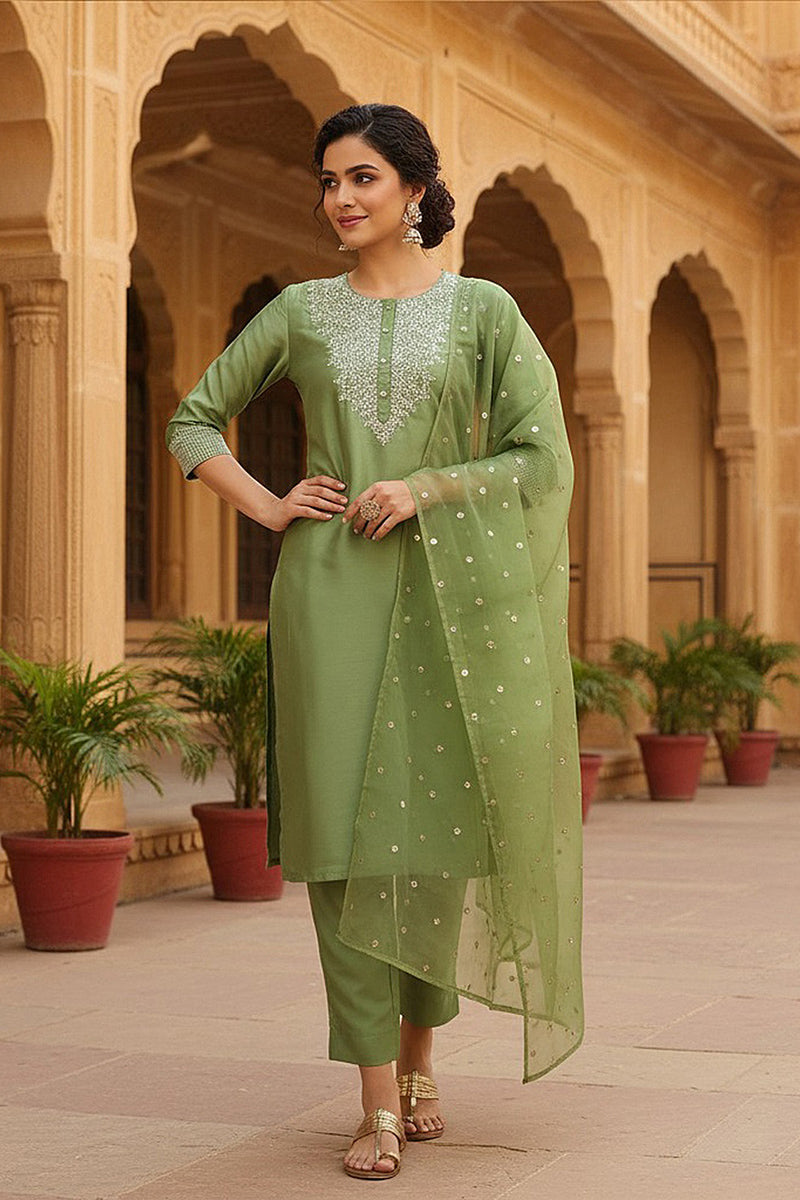women green poly silk solid yoke design kurta trousers with dupatta pkskd1589