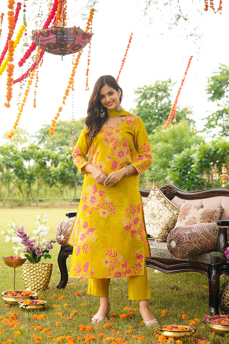 yellow viscose rayon floral embroidered straight kurta trousers with dupatta pkskd3052
