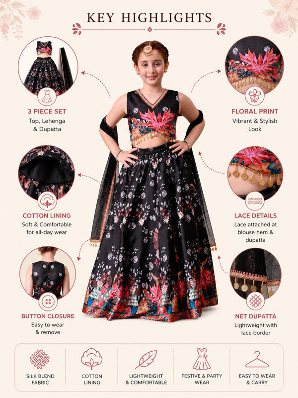 Girls Black Floral Printed Lehenga Choli with Dupatta Set ILLCD35